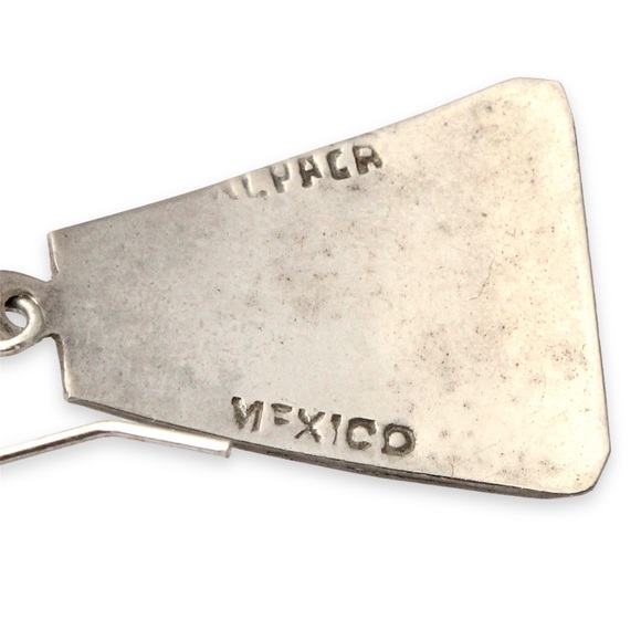 Vintage Mexican Crushed Turquoise Inlay Dangle Earrings Geometric Alpaca Silver - Picture 3 of 4